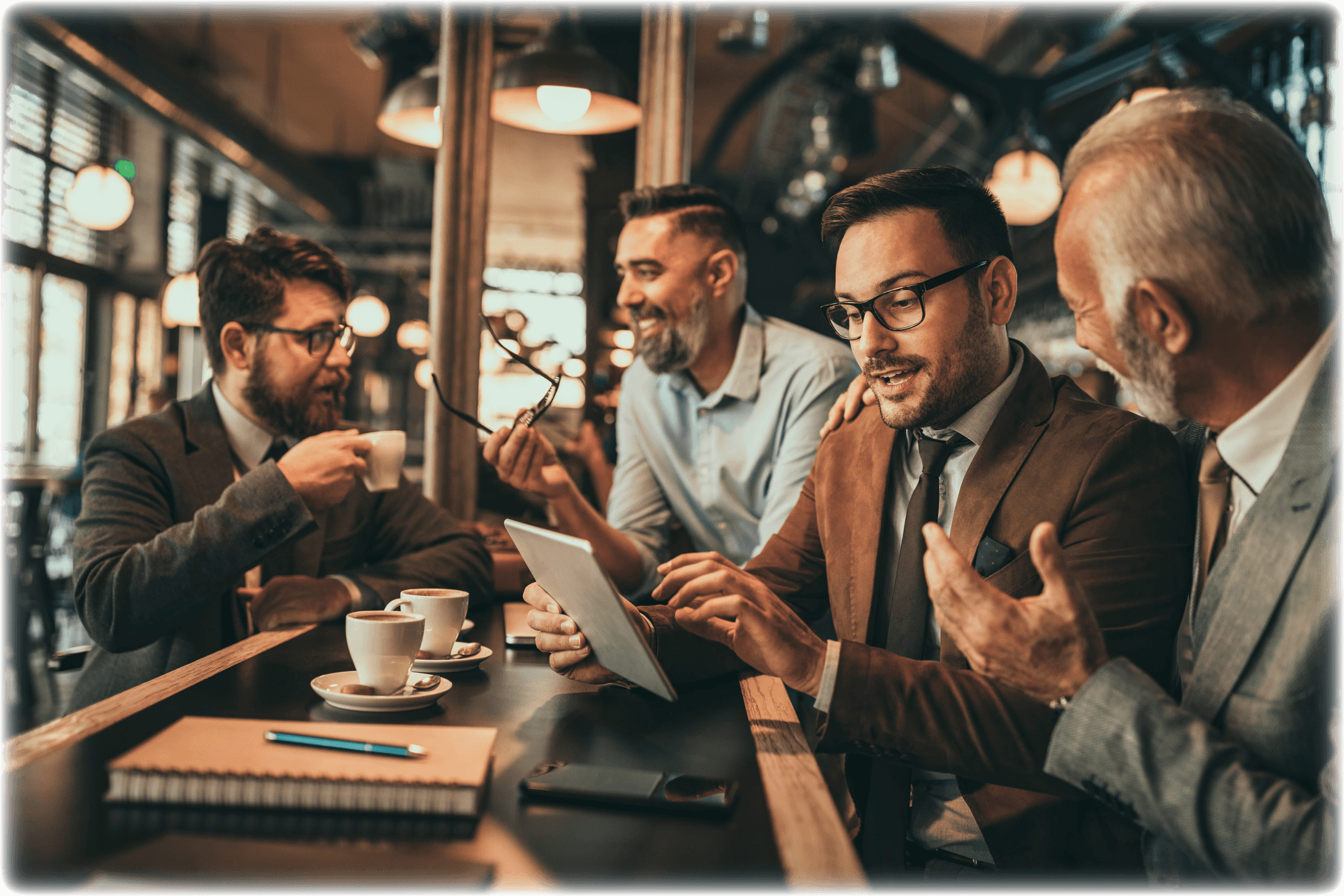 An intimate shot of an experienced golfer mentoring a younger peer on a putting green at dusk.